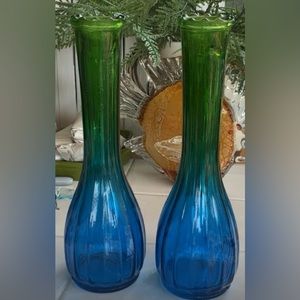MCM Jeanette Glass Set Of 2 Green And Blue Ombre Bud Flower Vases